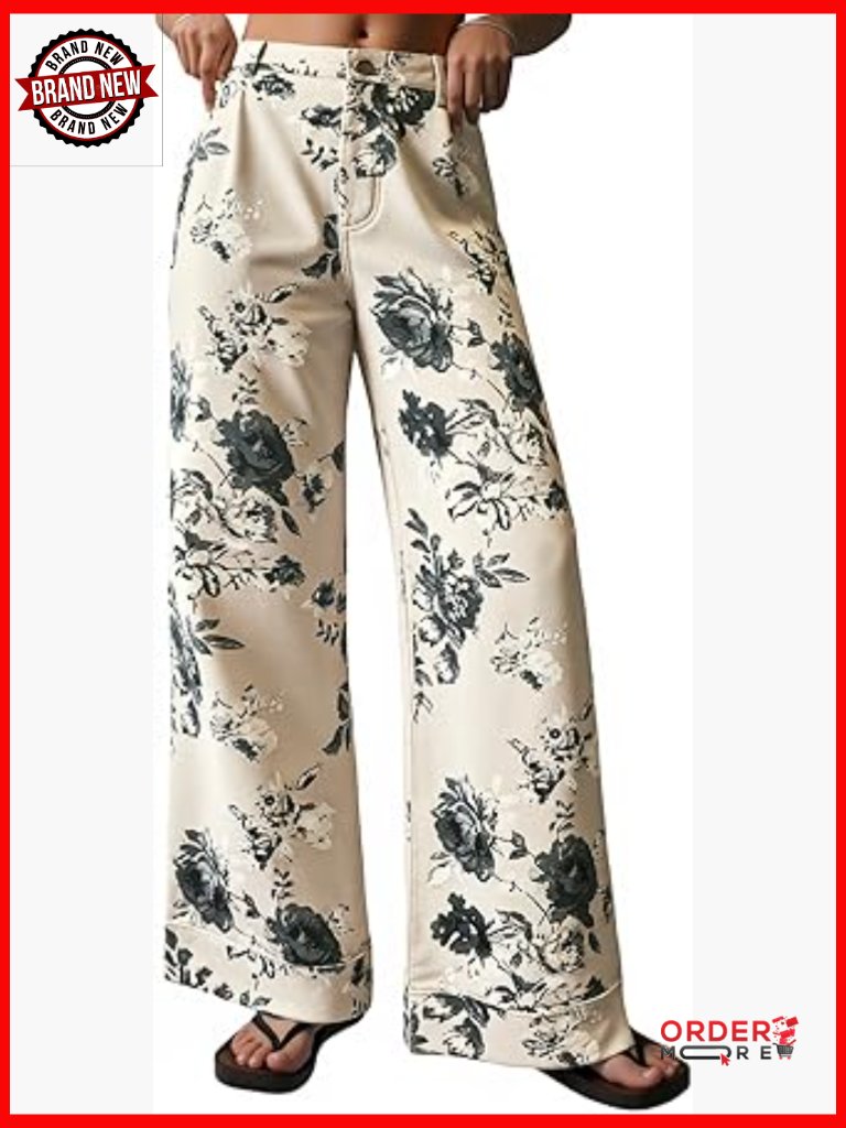 Baggy Wide Leg Floral Jeans High Waisted Boho Denim Pants With Pockets